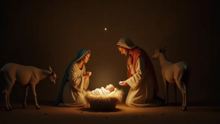 Nativity scene with Mary, Joseph, and baby Jesus in the manger.