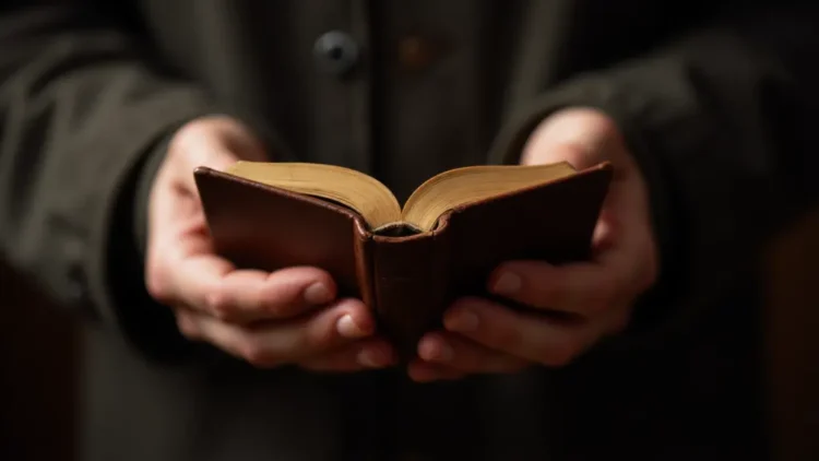 Devoted believer holding a Holy Bible with reverence