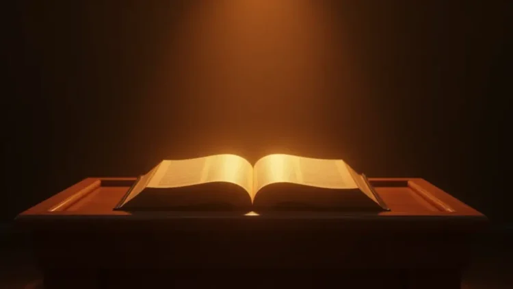 Holy Bible placed on a pulpit during a worship sermon